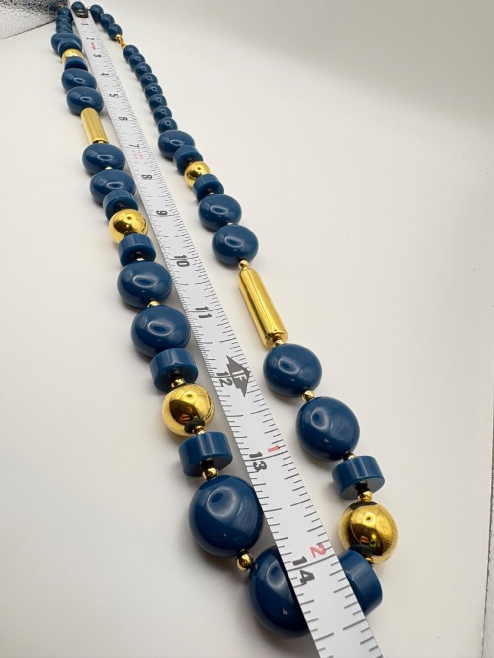 Vintage Trifari Blue Acrylic Bead Gold Tone Cylinder Statement Necklace 28 in - Picture 6 of 6